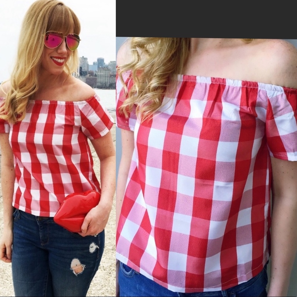 Red Gingham Shimmery Off The Shoulder Crop Top Valentines Day 💘